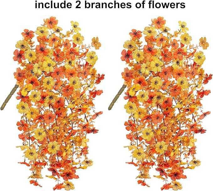 HyeFlora Artificial Flowers for Fall Outdoors Decoration, 2Pcs Fake Fall Light Orange & Yellow Hanging Flowers, Faux Autumn Decor for Porch Patio Balcony Planter, Realistic Arrangement