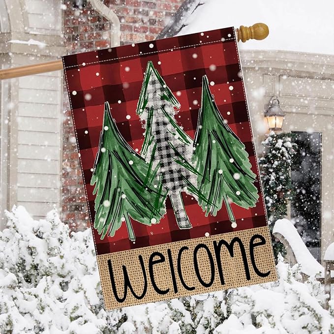 Welcome Red Buffalo Plaid Christmas Trees Garden Flag 28 x 40 Inch Vertical Double Sided Buffalo Plaid Red Holiday Yard Outside Xmas Decor House Flag