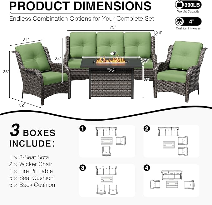 Joyside 4 Piece Wicker Patio Furniture Set with Fire Pit Table, Rattan Patio Chairs with High Back, Deep Seating, Wide Armrest, Thickened Cushions, Outdoor Furniture for Deck, Porch Use