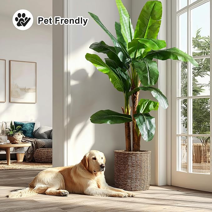 Artificial Banana Tree 6ft, Faux Tropical Palm Tree Plant with Realistic Leaves, Low Maintenance Indoor Outdoor Decor for Home Office Porch, in Nursery Pot
