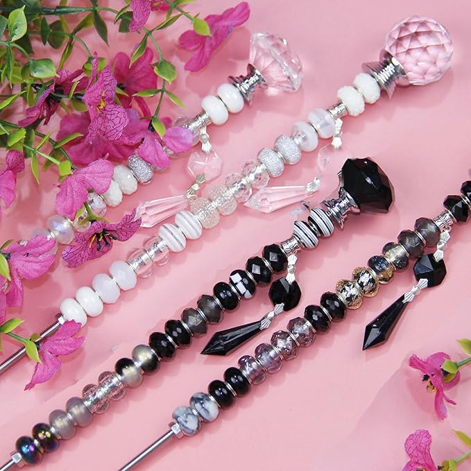 121 Pcs DIY Fairy Wand Beaded Garden Stakes Kit, Fairy Wands Garden Kit Black White Large Hole Bead with Pendants Crystal Stopper Top Threaded Rod Beaded Garden Stakes Supplies for Outdoor Decorative