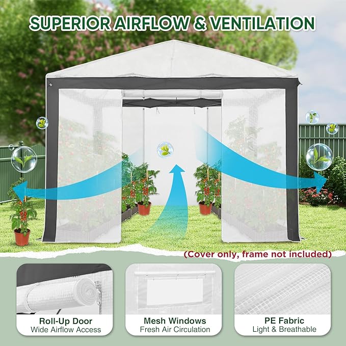 EAGLE PEAK Replacement Cover for 10x10 Pop up Greenhouse with Polyester Reinforced Corners, Front and Rear Roll-Up Zipper Entry Doors and 2 Large Roll-Up Side Windows (Frame Not Included), Gray/White