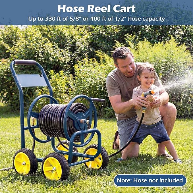 Garden Hose Reel Cart, Mobile Water Hose Cart with Heavy-duty Metal Frame & 4 Solid Wheels, Hold up to 330 ft of 5/8" Hoses, Outdoor Planting Tool for Lawn & Backyard (Navy Blue)