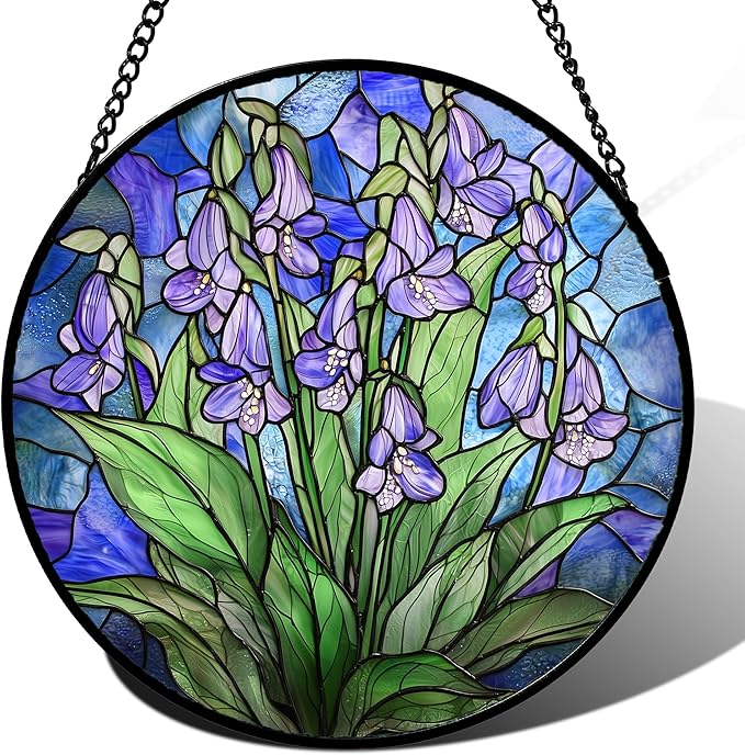 AMDERVEN Stained Glass Suncatcher, Blue Purple Flowers Green Leaves Sun Catcher Plants Stain Glass Window Hanging Decoration Mother's Day Birthday Gifts for Women Men Mom and Nana 11.8 in