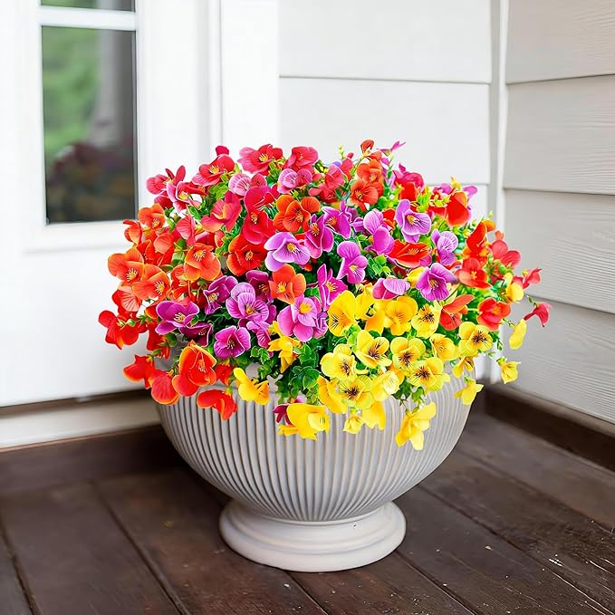 Ivydale Artificial Flowers for Outdoor Decoration, 12 Bundles Fake Pansy UV Resistant Realistic Silk Flowers with Eucalyptus for Planter Front Door Garden Porch Patio Yard