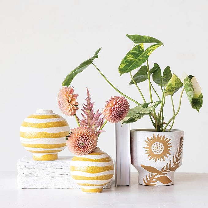 Creative Co-Op Stoneware Footed Planter with Flower, Reactive Glaze, White and Mustard
