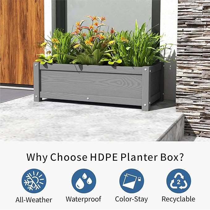 HDPE Planter Box, All-Weather Outdoor Garden Bed Easy to Assemble, Drainage System, Low Maintenance, Non-Fading, for Flower/Herb/Seed (Gray)