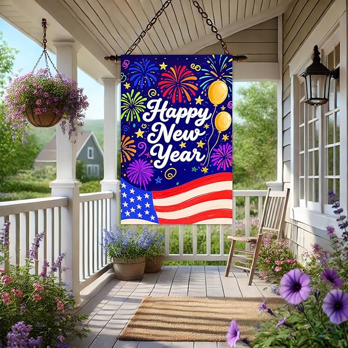 Happy New Year House Flag 28x40 Inch American Flag Fireworks and Balloons Design Garden Flag Patriotic Holiday Outdoor Yard Decoration Celebration Banner for Home Porch Lawn