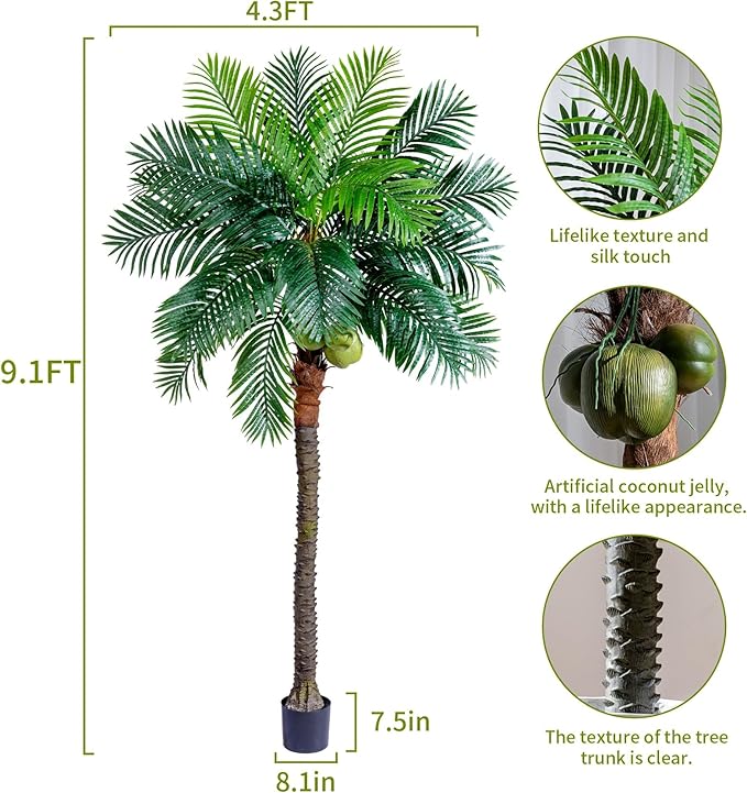 Erimda 30-Year Factory Faux Coconut Tree - 9.1FT Faux Palm Tree Realistic Thick Trunk & Heavy Duty Leaves, Hand-Carved Bark Texture, Indoor Tropical Decor for Living Room/Store, No Shiny Plastic Look