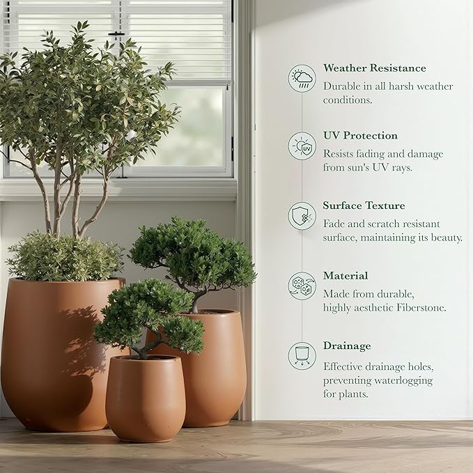 DTY Signature Mount Wilson 15''D x 16.5''H Modern Indoor Outdoor Fiberstone Tapered Planter, Lightweight, Weather Resistant Garden Pot with Drainage Hole & Rubber Plug –Terracotta, Medium