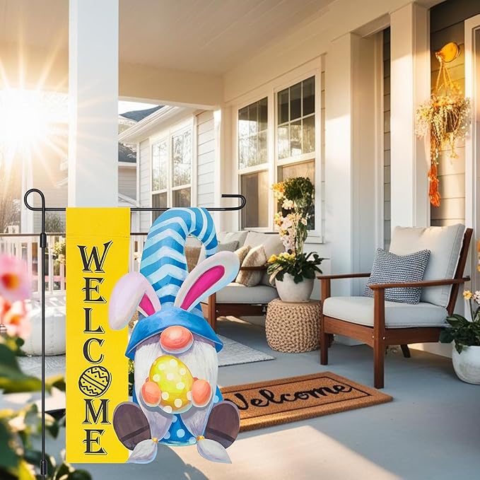 Welcome Easter Gnome Garden Flag, Gnome with Bunny Ears Eggs Blue Yard Outside Decorations, Outdoor Small Vertical Decorative Blackout Flags Double Sided 12 x 18