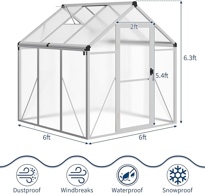 6 X 6 FT Greenhouse, Outdoor Greenhouses, Polycarbonate Panels with Aluminum Frame, Adjustable Roof Vent and Lockable Door, Green Houses for Outside Backyard, Garden, Patio