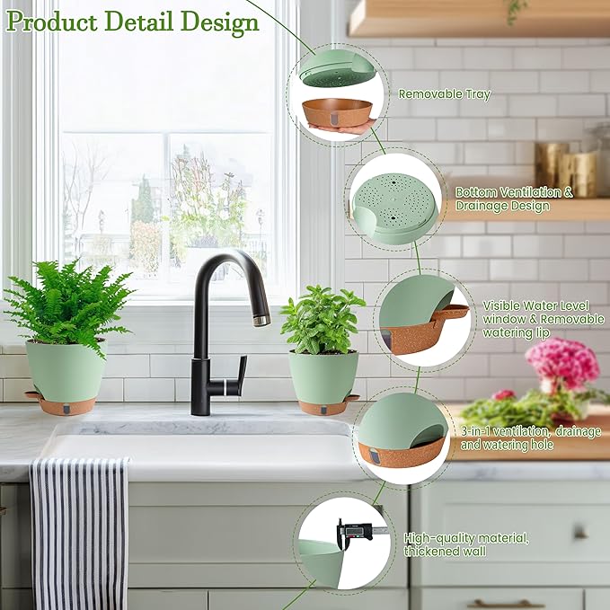 Fielda Self Watering Pots for Inoor Ourdoor Plants 8/7/6.5/6/5 Inch Plastic Planters with Drainage Holes & Water Level Indicator, Decorative House Flower Nursery Planting Pots with Saucers(Green)