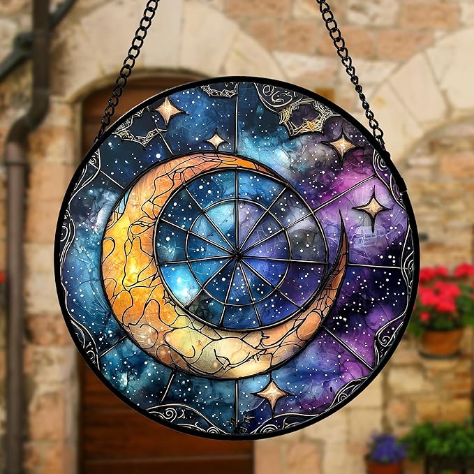 DASTOLL Stained Glass Window Hanging, Blue Starry Sky Moon Astrolabe Suncatcher for Doors Home Sun Catchers Decoration and Christmas, Mother's Day Birthday Gifts for Women, Men, and Mom 6.3 in