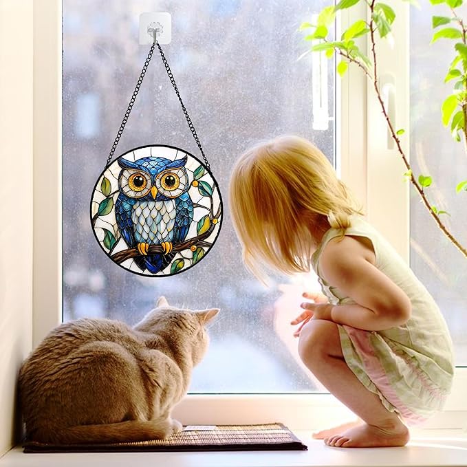 DASTOLL Stained Glass Window Hanging, Owl Gifts for Women Sun Catchers Diamond Glass Panel Hangings Birds Suncatcher Decor for Birthday for Women, Men, Wife, Aunt, and Mom 11.8x11.8 in
