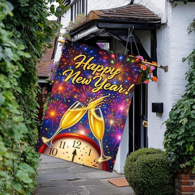 Happy New Year House Flag 28x40 Inch Champagne Glasses Fireworks and Clock Design Garden Flag Colorful Outdoor Yard Decoration Holiday Celebration Banner for Home Porch Lawn