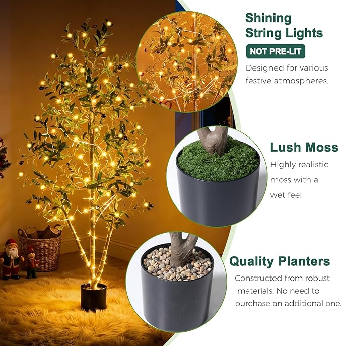 Olive Trees Artificial Indoor, 5FT Tall Faux Olive Tree with Moss and Planter, Artificial Plants Indoor with Natural Wood Trunk and Lifelike Fruits, Fake Tree for Home Office Living Room Decor