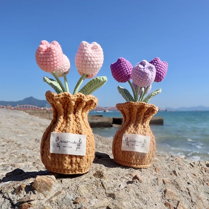YOOJEE Tulip Crochet Flower Potted Plant Handmade Desk Decor Gift