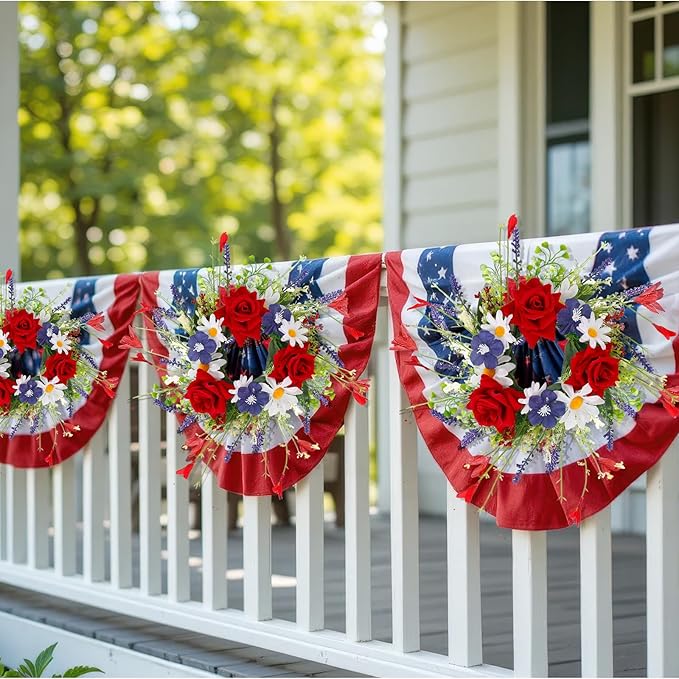 8 PCS Mini Patriotic American Cabinet Wreaths Small Red White and Blue Floral Wreath for Front Door with Ribbon Roses Daisy Forsythia July Independence Day Hanging Wreath for Porch Wall Window Decor