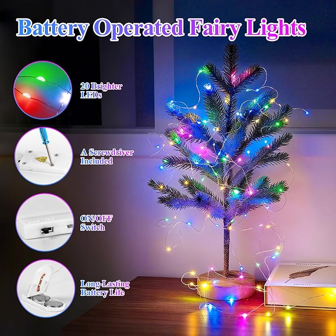 Lakumu 12 Pack Fairy Lights Battery Operated String Lights -7FT 20LED Fairy Lights Silver Wire Firefly Starry Moon Lights for DIY Decorations Party Wedding Centerpiece Table Decor Multicolor