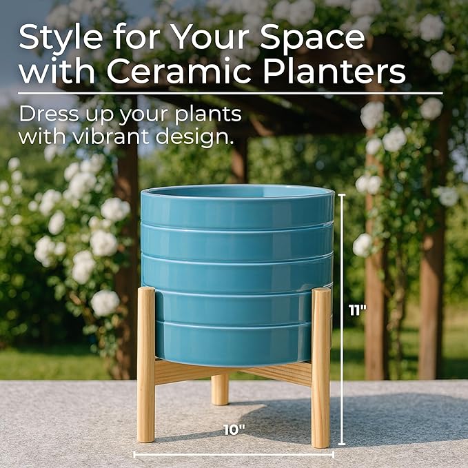 Striped Ceramic Decorative Planter Pot with Stand – Outdoor & Indoor Planter with Stand – Plant Pot for Living Room or Patio – Home Decor, Modern Planters for Indoor Plants – 11", Blue & White