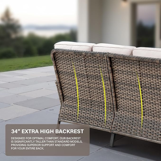Belord Outdoor Furniture Set - 6 Pieces Patio Conversation Sectional Sofa Set with Patio Rocking Chairs Set of 2 and Wicker Coffee Table for Deck Backyard Sunroom Brown