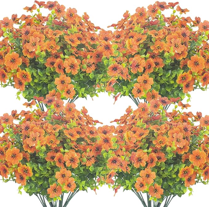 Grunyia 10 Bundles Artificial Flowers Outdoor UV Resistant Fake Flowers No Fade Faux Plants Garden Porch Window Box Decorating (Orange)