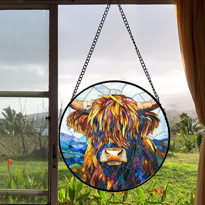 Stained Glass Window Hanging - Highland Cattle Suncatcher for Door Terrace Garden Home Decor Western Style Brown Cow Sun Catcher Birthday Gifts for Lovers Women Men Dad Mom Nana 9.8 in