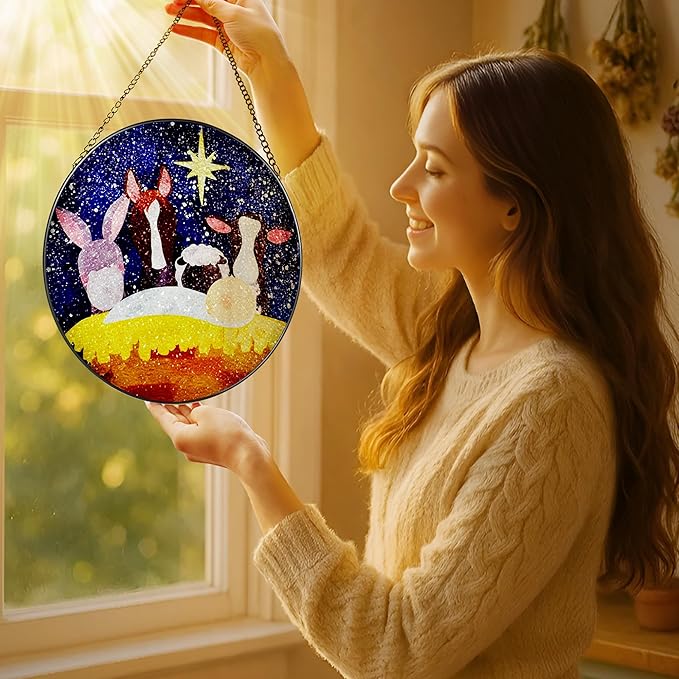 8 Inches Christian Stained Glass Suncatcher, Stained Glass Window Hanging Decor, Nativity Scene Ornament, Religious Home Decor, Christian Gift, Religious Gift, Gifts for Christmas