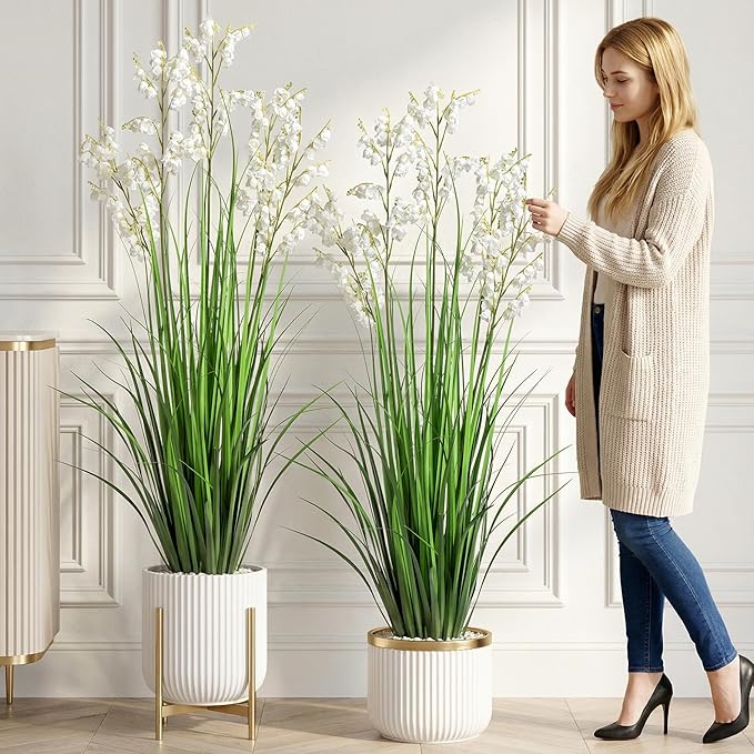 Ttranewsoo Green Onions Home Decor Fake Plants Lily of The Valley Snake Plant Home DéCor Accents Artificial Grass Room Decor Artificial Plants Indoor Artificial Grass 47“ （2PCS ） White