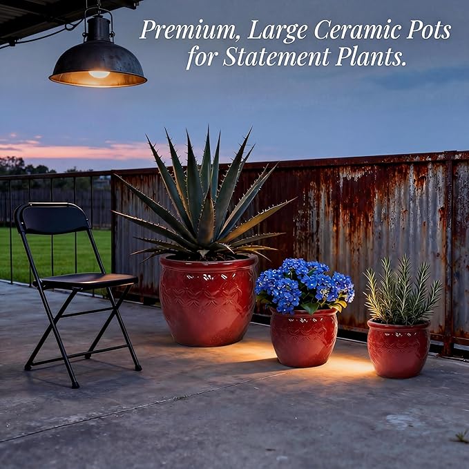 Tiered Ceramic Planter Set with Drainage Hole, 3-Piece (9/12/15 Inch) Indoor & Outdoor Flower Pots for Plants, Modern Planters for Patio, Balcony, Garden-Red