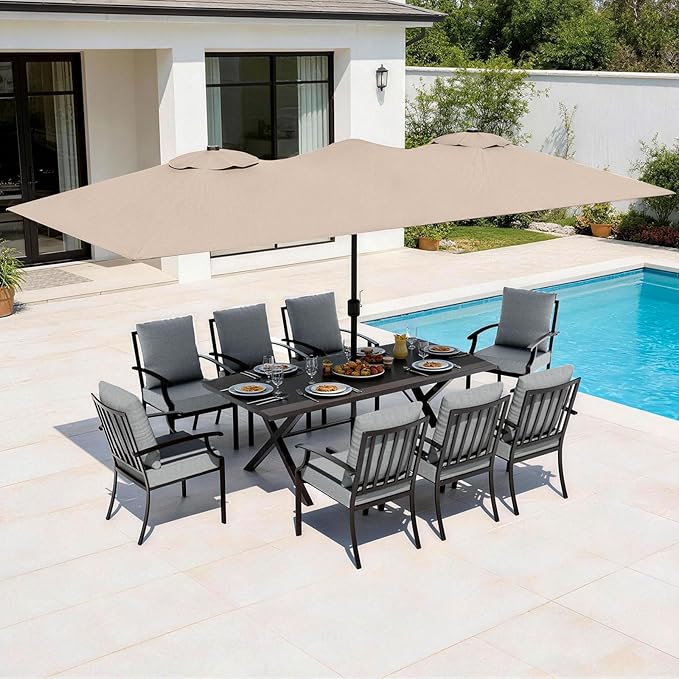10-Piece Patio Dining Set,Metal Outdoor Furniture Set Includes 13.6FT Sand Umbrella,Hole Cut-Out 78.7" x 35.4" Table and 8 Metal Backrest Chairs for Backyard,Garden,Grey