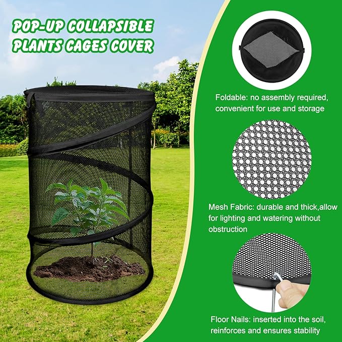 Zofylux 4 Pcs Pop Up Plant Cover Net,19”x 14”Round Foldable Plant Covers,Garden Plant Protectors with 16 Pcs Ground Stakes,Garden Mesh Covers for Outdoor and Indoor Plants