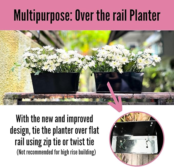 LaLaGreen Rail Planter Box (4 Pack, 12 Inch) Black Metal Strawberry Outdoor Hanging Flower Bucket with Drainage Handle Hook, Rectangle Balcony Deck Fence Plant Holder Window Boxes Rustic Home Decors