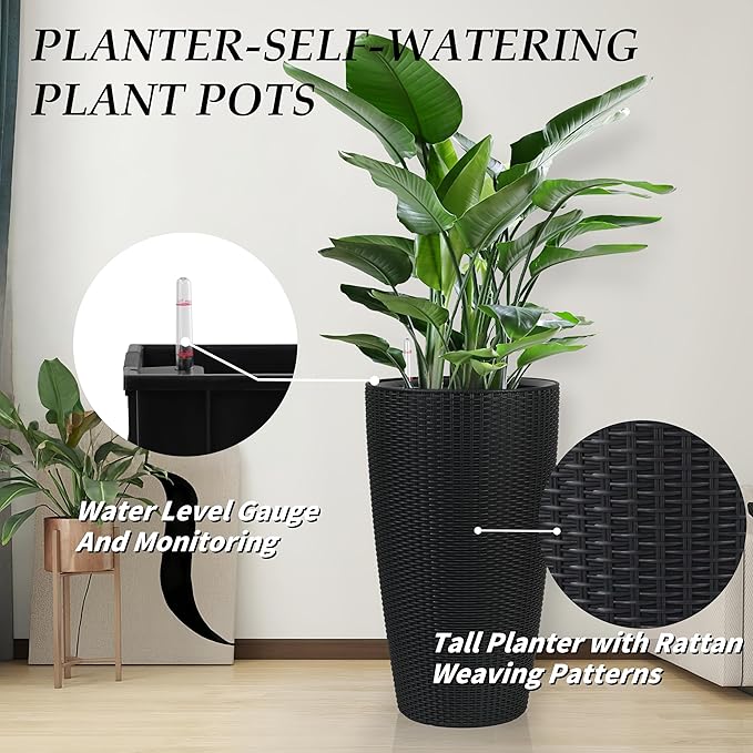 Vigo huseeo 22" Tall Planter Set of 2, Large Self Watering Pots for Indoor/Outdoor Plants with Drain Holes, Water Level Monitor, Inner Bucket for Front Porch Patio, Black Rattan Conical