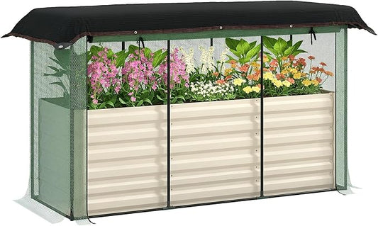 Outsunny 5.9 x 2 x 1.9 ft Galvanized Raised Garden Bed with Crop Cage Plant Protection Net and Shade Cloth Roof, Metal Planter Box with Cover for Vegetables, Flowers, Herbs, Beige