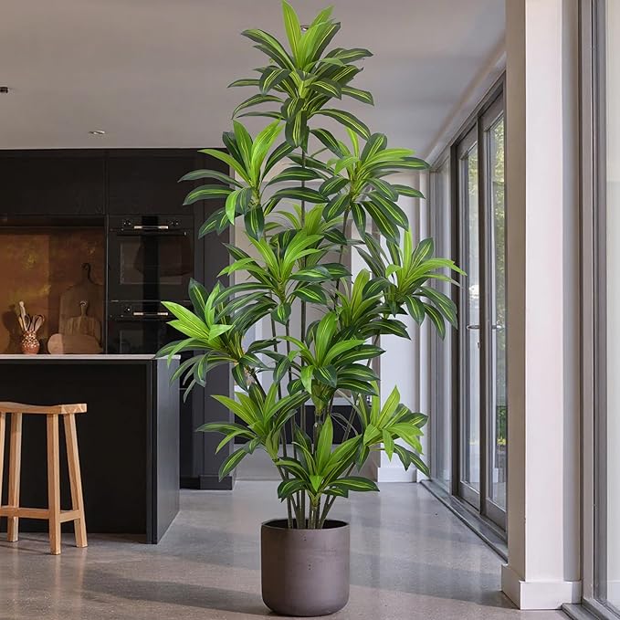 Roselywed Artificial Dracaena Tree 8FT with 243 Leaves & 12 Heads & White Pot Tall Large Fake Faux Tropical Silk Yucca Plant 96 Inch Glossy Thick Leaves for Indoor Home Office Porch Mall School Decor