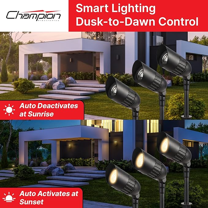 CHAMPION ELECTRONICS 6-Pack Outdoor Low Voltage Landscape Spotlights, 6×3W 200LM, 3000K Warm White, Dusk to Dawn, IP65 Waterproof Path Lights with Transformer, 60FT Cable & Ground Stakes