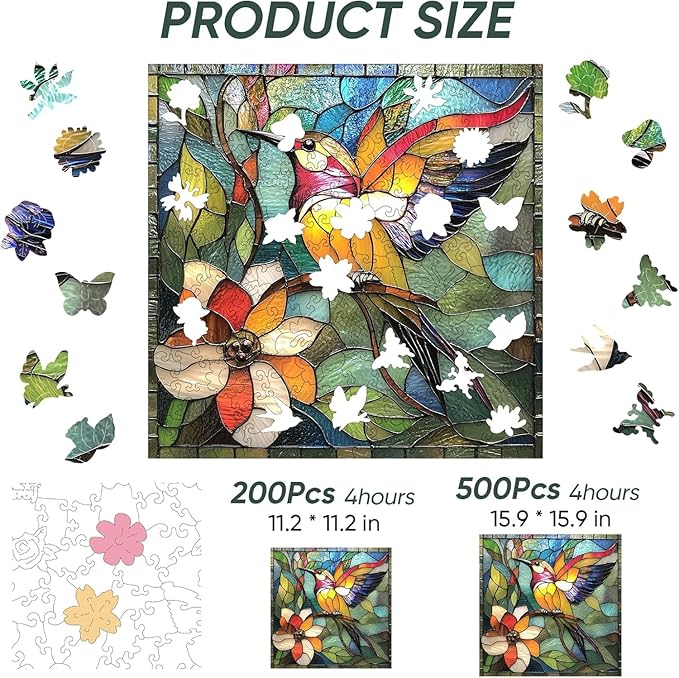 Qiuenisray Wooden Puzzles for Adults 500 Piece, Stained Glass Hummingbird Puzzle, FSC Certified Wall Decor Unique Animal Shape Puzzles, for Family Friend 15.9x15.9 in