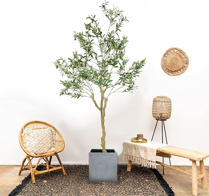 Nafresh Tall Faux Olive Tree，7ft（84in） Realistic Potted Silk Artificial Indoor with Green Leaves and Big Fruits for Home Office Living Room Bedroom Stairs Foyer Decor.