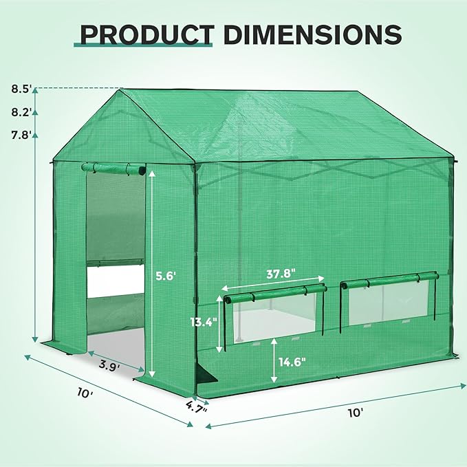 COOS BAY 10x10 FT Pop up Greenhouse Outdoor with Winter Support Pole, Walk in Green House with Power Access Openings, Zippered Doors & Windows, Durable PE Cover, Green
