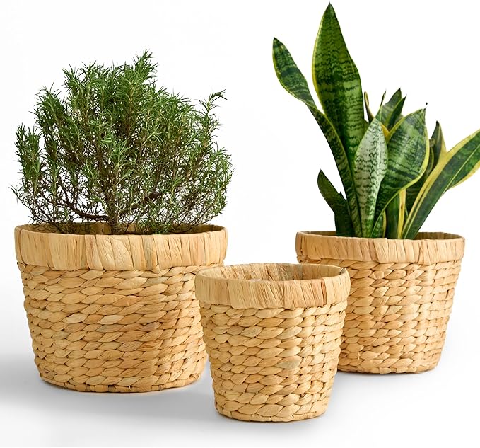 Indoor Water Hyacinth Plant Basket Set of 3, Woven Planter Baskets with Plastic Liner for Plants, Handwoven Plant Pots Decorative Wicker Planters for Home Décor (Saucer NOT Included)
