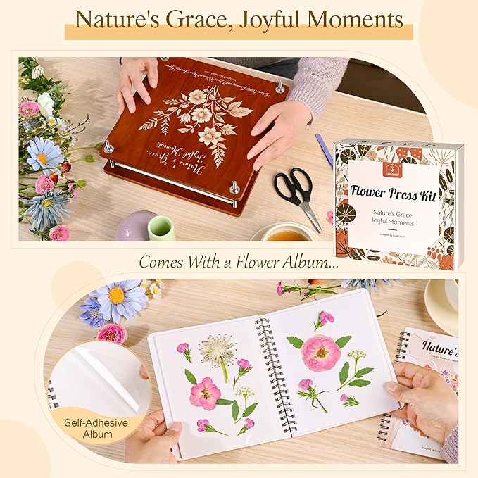 Joy&Grace Large Flower Press Kit for Adults & Kids with Designed Cover and DIY Album, 10.9" x 10.9" 10 Layers Plant Press and Plant Drying Toolkit, Flower Preservation Kit (Color Box, Mahogany Color)