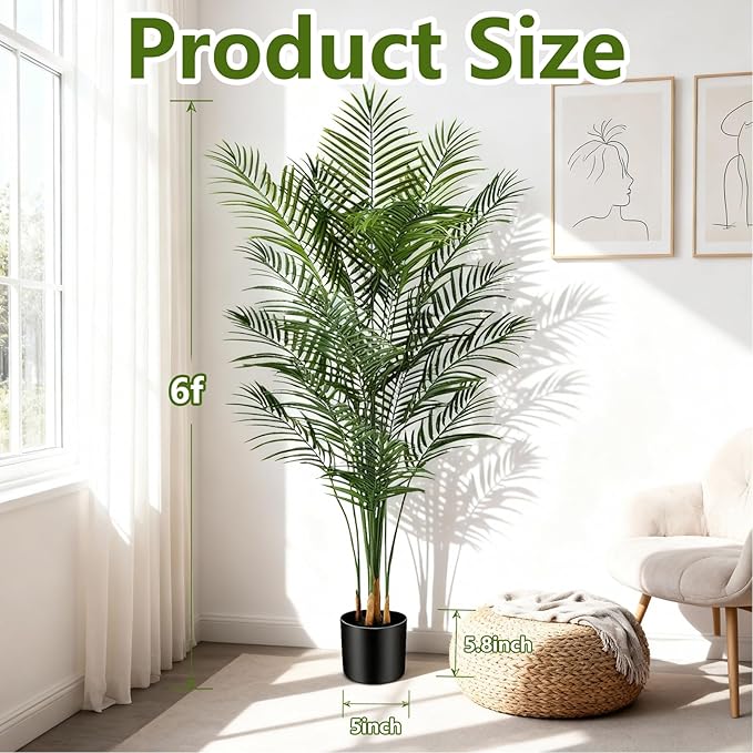 Artificial Palm Tree Indoor 6ft, Large Fake Tropical Areca Palm Tree with 18 Trunks, Faux Dypsis Lutescens Floor Plant in Pot for Indoor Outdoor Home Office Decor & Housewarming Gift