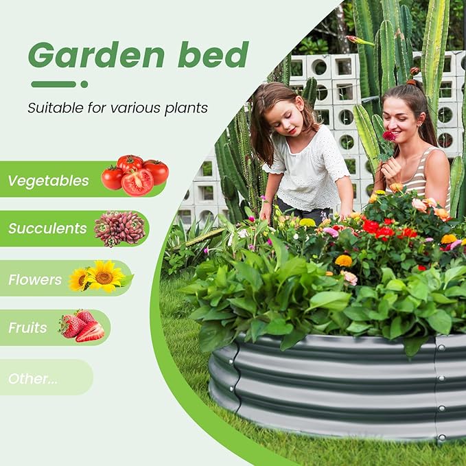 Land Guard 2×2×0.95ft Galvanized Raised Garden Bed Kit, Round Galvanized Planter Raised Garden Boxes Outdoor, Large Metal Raised Garden Beds for Vegetables, Modern Gray