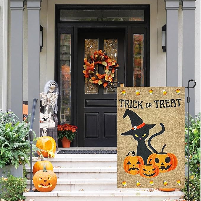 Halloween Trick Or Treat Black Cat and Pumpkins Burlap Garden Flag, Double Sided 12×18 Inch Halloween Jack-O-Lantern, Outside Small Yard Outdoor Flags Porch Lawn Yarde Decoration