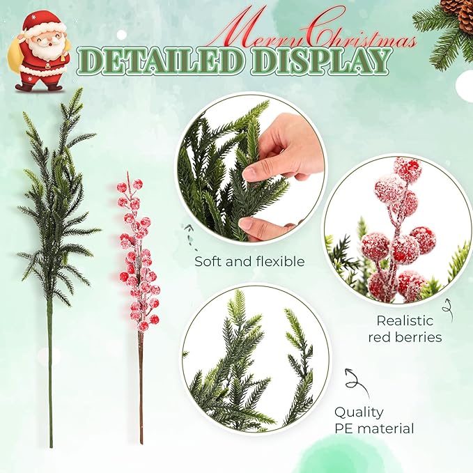 24 Pcs 23 Inch Christmas Realistic Norfolk Pine Branch Set with Red Berry Stems Artificial Green Plants Branches Faux Greenery Stem Fake Cedar Picks for Vase DIY Garland Wreath Home Decor