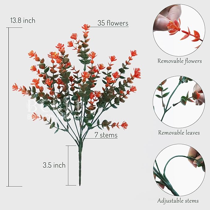 BCBLF Artificial Flowers for Outdoors, 12 Bundles UV Resistant Realistic Faux Plants for Outside Porch Planter, Spring Summer Home Garden Decoration, Green Orange
