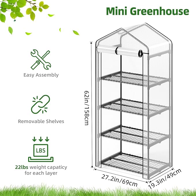 Superlele Mini Greenhouse, 4 Tier Indoor Greenhouse, 19.3x27.2x62in Vertical Plant Green House with Adjustable Shelves, Reinforced White PE Mesh Cover, Heavy Duty Steel Frame for Outdoor