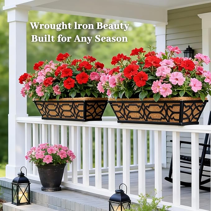 Railing Planter Box, Window Planter Boxes Outdoor 4 Pack 30 Inch Hanging Planter with Adjustable Bracket for Porch, Fence Flower Baskets with Coco Liners